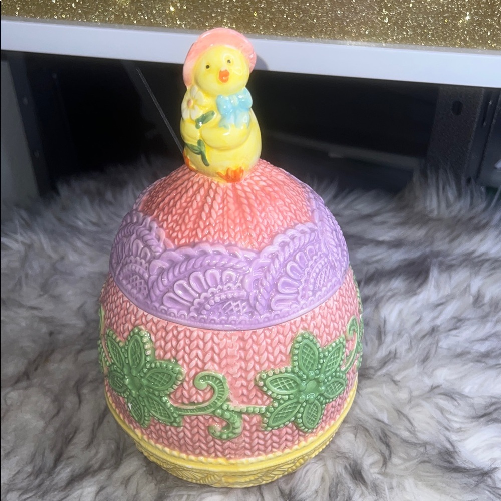 Easter Chick Decorated Pink Green Yellow Egg Canister Ceramic With Lid